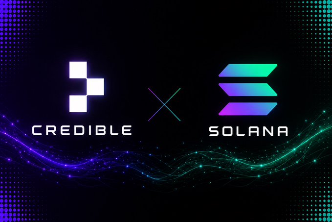The image features the Credible and Solana logos separated by an "X" symbol on a dark background with flowing purple and teal light waves, visually representing the partnership highlighted in the post about Credible's August report showcasing its expanding global payment network on Solana.