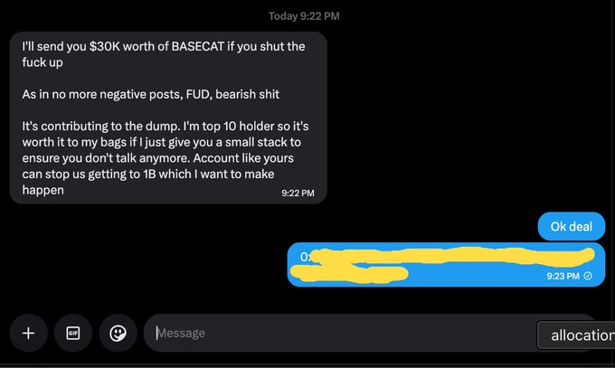 A text message screenshot offering $30K worth of BASECAT tokens to stop negative posts, with the reply 'Ok deal' and a partially redacted response.