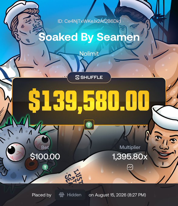 A betting win screen from a casino game shows a $100.00 bet on "Soaked By Seamen" by Nolimit turning into a $139,580.00 payout with a 1,395.80x multiplier, featuring cartoon sailors and a pufferfish. The win amount is displayed prominently in yellow against a nautical-themed backdrop.