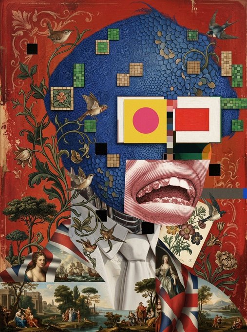 A surreal collage-style portrait features a figure with a blue textured head, pixelated geometric shapes for eyes, a large open mouth, and a body composed of classical paintings and birds, all set against a red floral background—visually embodying the post's theme of NFT evolution, active entity transformation, and progression from passive collecting to dynamic, participatory digital art within the R3ORDR/CORE 3.0 ecosystem.