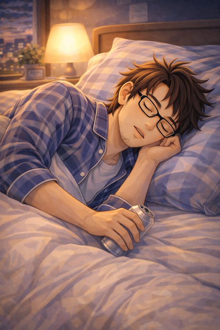 An anime-style illustration of a young man with messy brown hair and glasses sleeping in bed, wearing a blue plaid shirt and holding a smartphone.