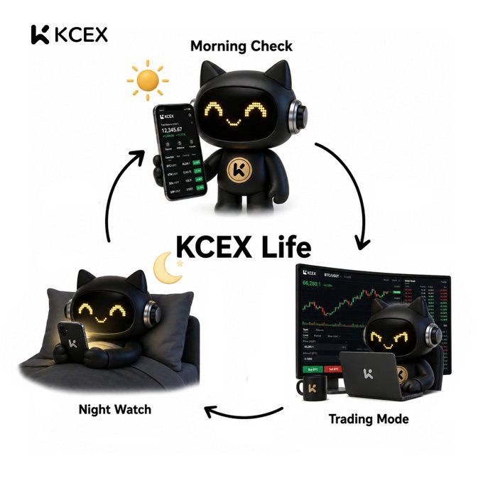 A promotional graphic for KCEX cryptocurrency exchange featuring a cute black cat mascot in three scenarios: 'Morning Check' holding a phone with crypto prices, 'Night Watch' relaxing on a pillow with a phone, and 'Trading Mode' at a laptop with a chart displaying BTC/USDT at 66,280.