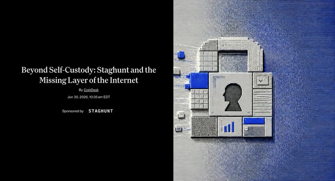 A promotional graphic featuring the article title "Beyond Self-Custody: Staghunt and the Missing Layer of the Internet" by CoinDesk, dated June 30, 2020, sponsored by Staghunt, paired with an illustration of a user profile surrounded by UI elements like charts and data fields that visually represent digital identity and decentralized coordination.