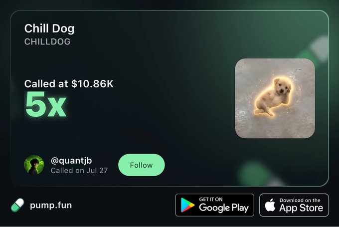 A promotional card for the pump.fun app displays a "Chill Dog" token call highlighted at a 5x multiplier (called at $10.86K), with the note "Called on Jul 27" by @quantjib—a more modest result than the 50x gain claimed in the accompanying post. The image features app download buttons for Google Play and the App Store, suggesting an advertisement rather than direct proof of the stated returns.