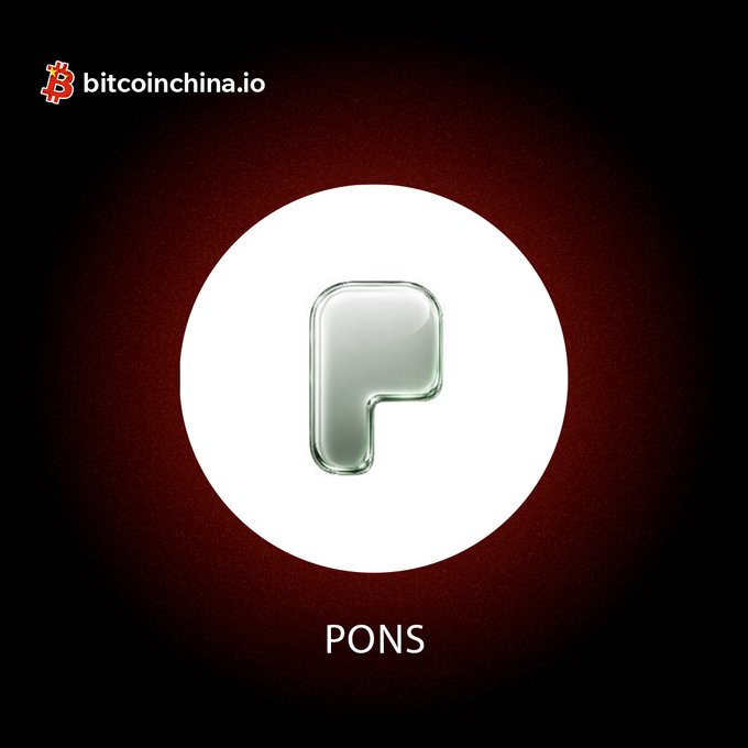 The image features a glossy 3D letter "P" inside a white circle on a dark red gradient background, with the text "PONS" displayed below the circle and "bitcoinchina.io" along with a Bitcoin logo in the top-left corner. It serves as a promotional graphic for the new $PONS/RBH trading pair listing on Bitcoin China, visually highlighting the PONS project's brand identity to attract community engagement.