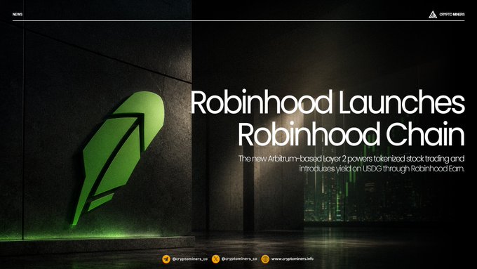 A news graphic from Cryptonomics announcing 'Robinhood Launches Robinhood Chain', describing it as a new Arbitrum-based Layer 2 that powers tokenized stock trading and introduces yield on USDC through Robinhood Earn.