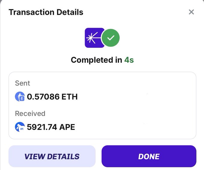 A transaction details screen shows a completed swap of 0.57086 ETH for 5921.74 APE tokens, finishing in 4 seconds.