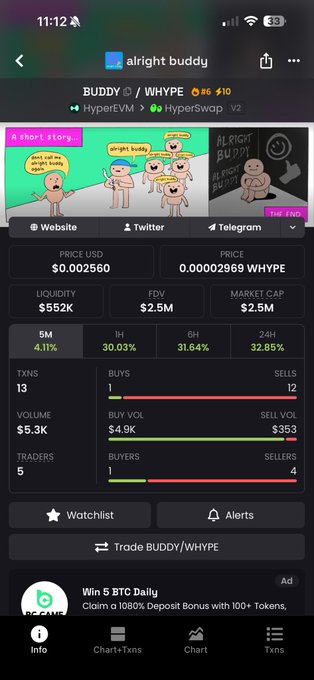 The image shows a mobile screenshot of the BUDDY/WHYPE token page on HyperSwap, displaying a price of $0.002560, $552K liquidity, and meme characters with "alright buddy" dialogue bubbles—matching the post's description of BUDDY as an "OG meme" on Hyperliquid (HYPE) with around $500K liquidity.