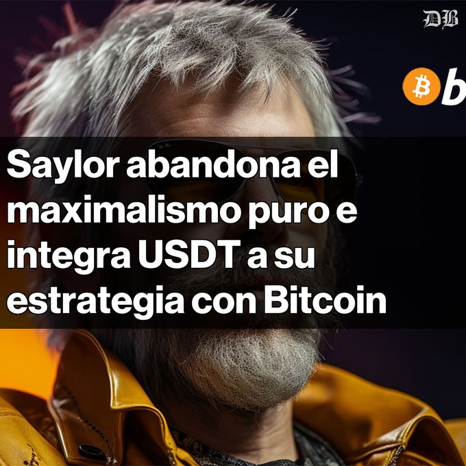 A news graphic from 'DB' featuring a man with sunglasses and a yellow jacket, with Spanish text reading 'Saylor abandona el maximalismo puro e integra USDT a su estrategia con Bitcoin' alongside Bitcoin logos.