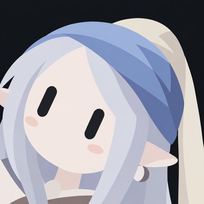 A cute chibi-style anime character with light blue hair, elf-like ears, simple oval eyes, and pink cheeks smiles against a black background, matching the cheerful, friendly vibe of the "Gm gm" morning greeting.