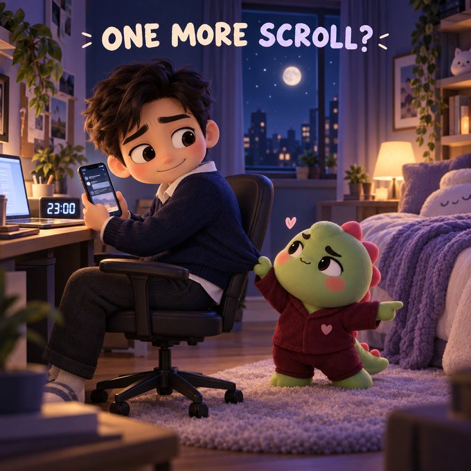 The image shows a boy sitting in an office chair scrolling on his phone past 23:00, while a green dinosaur plushie in red pajamas tugs at his sweater—captioned "ONE MORE SCROLL?"—visually illustrating how late-night phone use delays sleep, which the post connects to the challenge of making people care about rest while still awake.