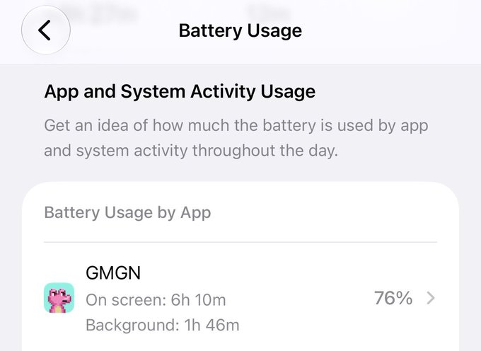 A screenshot of an iPhone Battery Usage screen showing the GMGN app with 76% battery usage, 6h 10m on screen, and 1h 46m in background.
