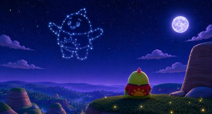 The image features a cartoon character named Sleepy Bear sitting on a hill with a full moon behind him. The scene depicts a nighttime landscape where the moon appears as a starry sky above the bear's head, creating an enchanting atmosphere. The overall setting is reminiscent of a movie poster or a book cover for "@sleepagotchi", which is a children's animated film about a talking owl who teaches kids to appreciate sleep and its importance in their lives.
