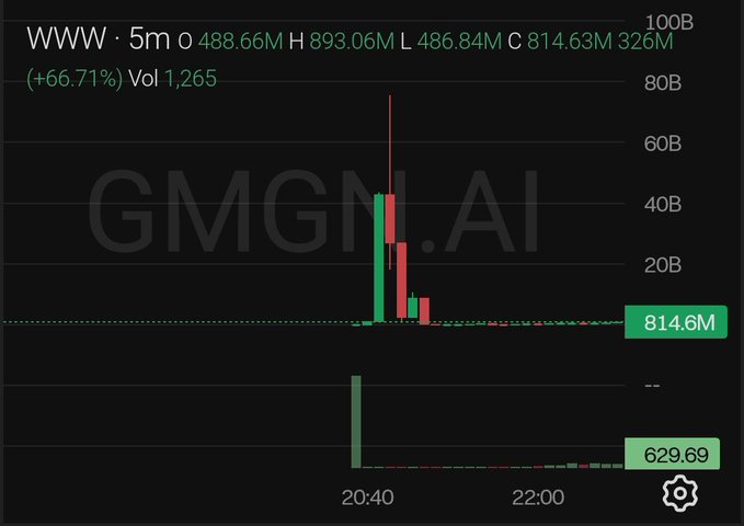 A stock chart for ticker 'WWW' shows a dramatic spike around 20:40, with prices reaching H 893.06M on a 5-minute timeframe, watermarked 'GMGN.AI'.