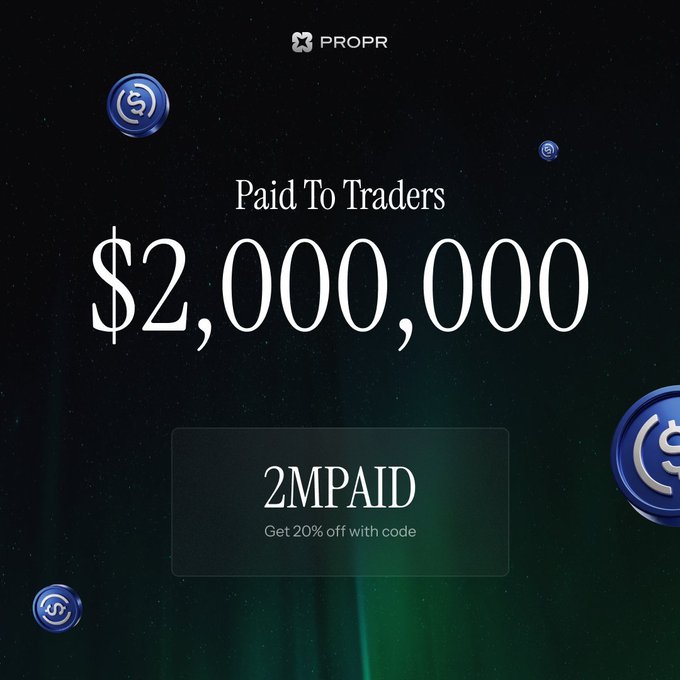 A promotional graphic with the PROPR logo reads 'Paid To Traders $2,000,000' and offers '2MPAID Get 20% off with code', set against a dark background with floating blue coins.