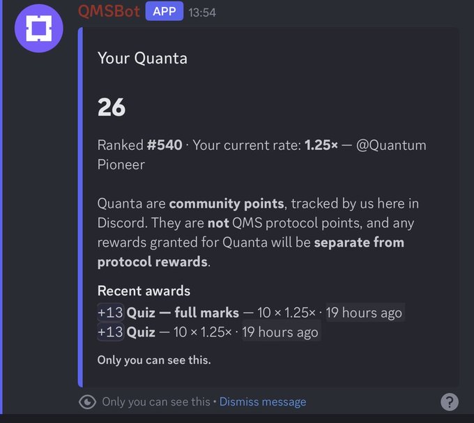 Screenshot of a Discord message from QMSBot displaying 'Your Quanta: 26', ranked #540 with a 1.25× rate, showing recent awards from Quiz activities 19 hours ago.