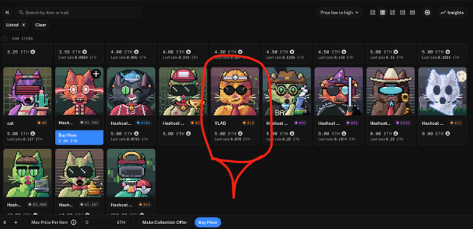 A screenshot of the Hashcats marketplace shows a grid of pixel-art cat NFTs with prices in ETH, with one particular orange tabby cat highlighted by a red hand-drawn circle and labeled "VLAD" at 4.20 ETH, corresponding to the post announcing VLAD as the first named Hashcat on Robinhood Chain, tagged with the handle @vladtenev.