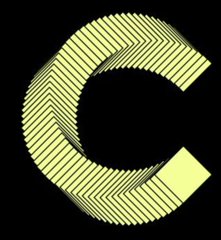 A stylized yellow letter 'C' logo with diagonal line patterns on a black background.