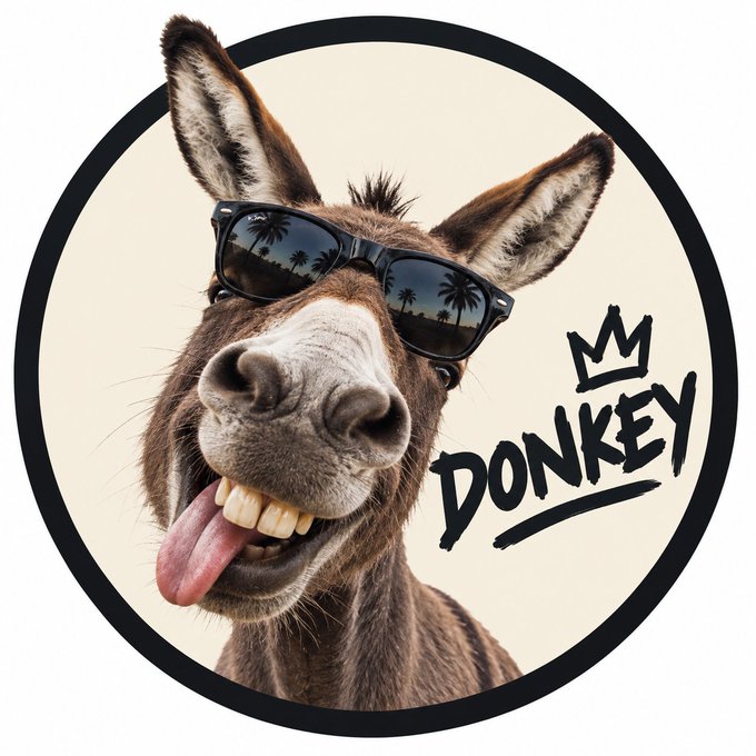 A goofy donkey wearing sunglasses sticks its tongue out next to the word "DONKEY" topped with a crown, perfectly capturing the playful "next billion dollar coin" vibe from Wynn's post about the meme token.