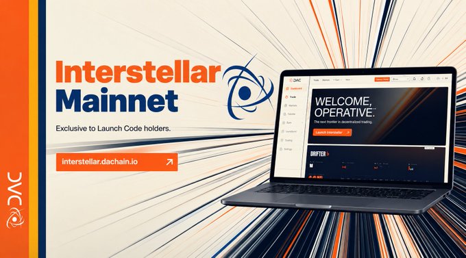 a promotional banner for 'Interstellar Mainnet' by DAC, stating 'Exclusive to Launch Code holders.' and featuring a laptop displaying a dashboard