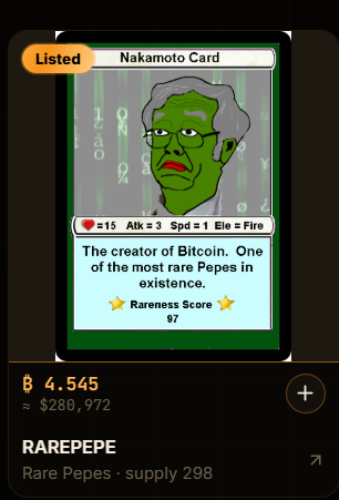 A 'Nakamoto Card' from the Rare Pepes NFT collection depicting a Pepe character styled as Satoshi Nakamoto, listed at 4.545 ETH (~$280,972) with a Rareness Score of 97.