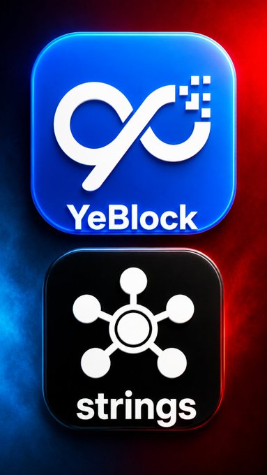Two app icons are displayed against a red and blue gradient background: the blue "YeBlock" logo featuring a stylized infinity symbol with pixelated details, and the black "strings" icon depicting a connected node network graphic, both representing the newly launched mobile mining projects highlighted in the post.