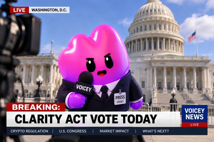 Fake news broadcast screenshot featuring a purple heart reporter character labeled 'VOICEY' in front of the U.S. Capitol building, with breaking news banner reading 'CLARITY ACT VOTE TODAY' covering crypto regulation and market impact.