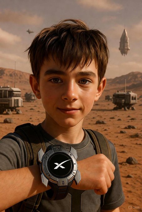 A young boy in a desert landscape with futuristic vehicles and a flying craft in the background looks at the camera while showing off a sleek wristwatch with an 'X' logo (Grok watermark visible).
