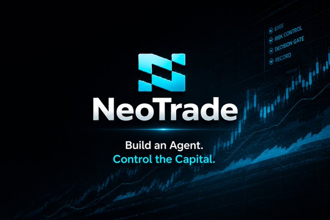 A dark digital advertisement for 'NeoTrade' displays the tagline 'Build an Agent. Control the Capital.' alongside a stock chart and menu options like 'EDGE' and 'RISK CONTROL'.