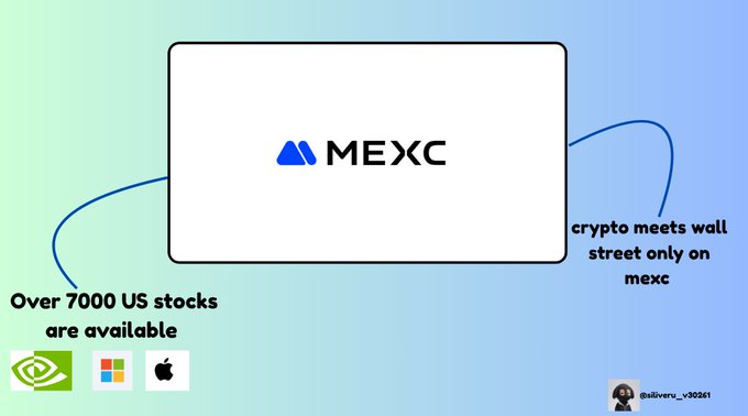 A promotional graphic for MEXC exchange featuring the text 'Over 7000 US stocks are available' and 'crypto meets wall street only on mexc' with NVIDIA, Windows, and Apple logos.