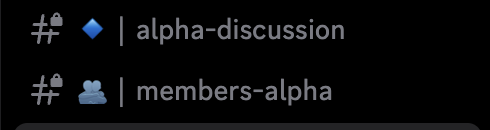A cropped screenshot of a Discord server sidebar showing two locked channels: "#💎 | alpha-discussion" and "#👥 | members-alpha".