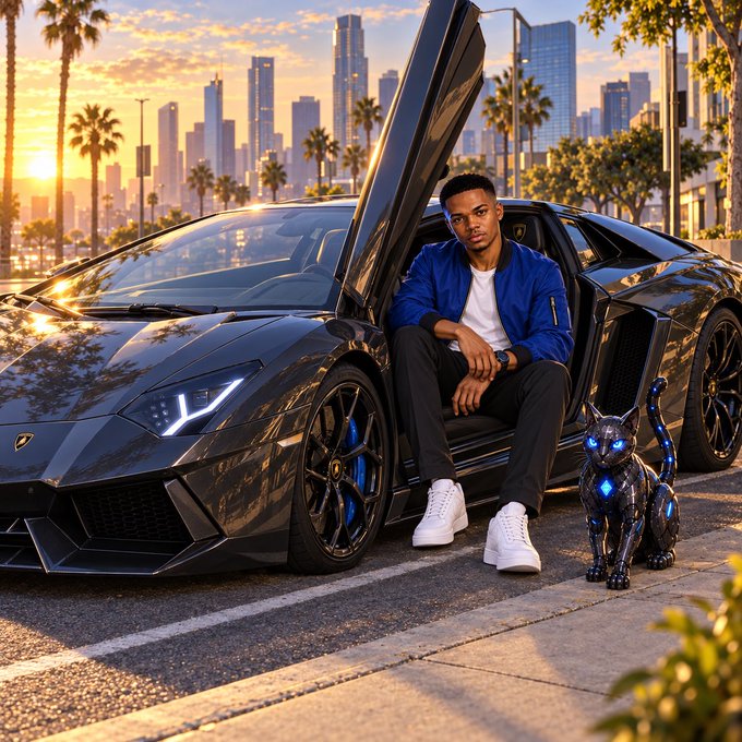 A young man in a blue jacket and white shirt sits on the running board of a black Lamborghini with the scissor door open, accompanied by a robotic black cat with glowing blue eyes, set against a sunset city skyline.