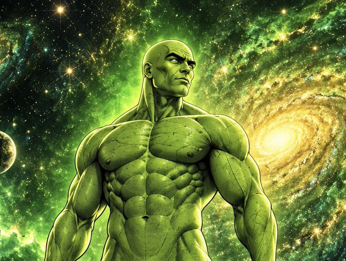 A comic book style illustration depicts a muscular green humanoid figure standing against a vibrant space background featuring a galaxy and stars.
