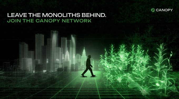 A promotional graphic for Canopy Network featuring a silhouette walking from a gray digital cityscape toward a glowing green field, with text reading 'LEAVE THE MONOLITHS BEHIND. JOIN THE CANOPY NETWORK'.