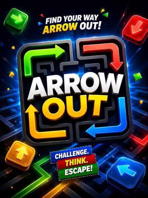 The image features an advertisement for a video game called "Arrow Out". The game appears to be a maze-like adventure with colorful arrows pointing in different directions. The title of the game, "Arrow Out", is prominently displayed at the top of the image along with the phrase "Find your way out!". The game's objective is to clear all the arrows and escape from the maze. The post also mentions that the game is now available for purchase on @minipay and @Celo After SandDrop, suggesting that it can be bought or played through these platforms.