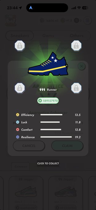 The image shows a phone screen displaying an app icon for Nike shoes, with a blue shoe design featuring a yellow star. The app has four badges or icons representing different categories of information such as "efficiency", "lack", "comfort", and "resistance". There is also a button labeled "Collect" on the bottom right corner that allows users to save their progress in the game.