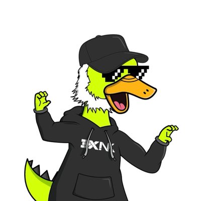 A cartoon illustration of a yellow duck character wearing a black cap, pixelated sunglasses, and a black hoodie with 'FXN' text, posing with its arms raised.