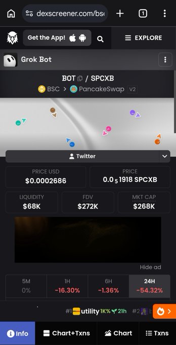 The image shows a DexScreener page for "Grok Bot" ($BOT/SPCXB) on PancakeSwap, displaying a price of $0.0002686, a market cap of $268K, and a 24-hour decline of -54.32%, which aligns with the post's mention of buying more $BOT at the 268K MC level.