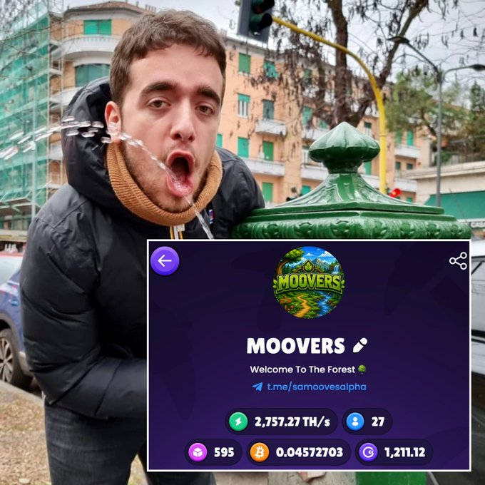 A man in a black puffer jacket and beige scarf spits water from a public green fountain in an urban setting, with a Telegram channel overlay showing 'MOOVERS' - 'Welcome To The Forest' with stats including 2,757.27 TH/s, 27 users, and a Telegram link t.me/samoovesalpha.
