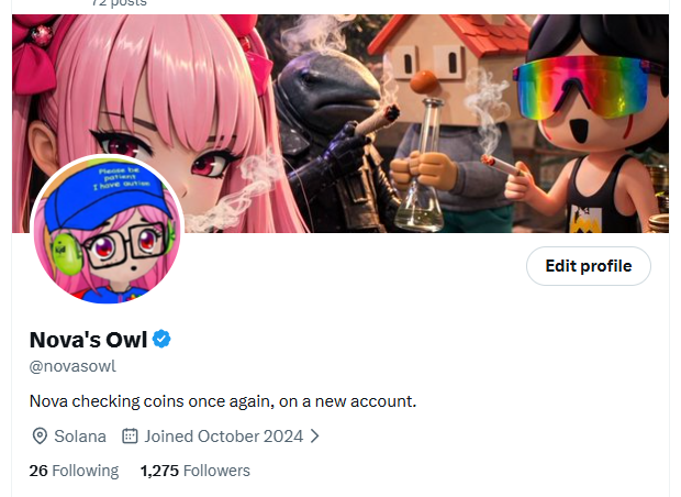 A profile for "Nova's Owl" (@novasowl) featuring anime-style artwork of a pink-haired character alongside a figure smoking, with a bio stating "Nova checking coins once again, on a new account" and showing 1,275 followers. The header image's smoking imagery and "checking coins" theme visually reinforce the post's casual crypto-checking tone.