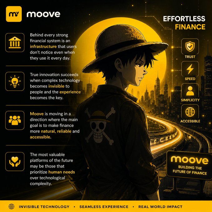 A yellow and black promotional graphic for 'moove' featuring an anime-style character in a straw hat looking over a city, with the tagline 'EFFORTLESS FINANCE' and values like TRUST, SPEED, SIMPLICITY, and ACCESSIBLE listed alongside 'INVISIBLE TECHNOLOGY • SEAMLESS EXPERIENCE • REAL WORLD IMPACT'.