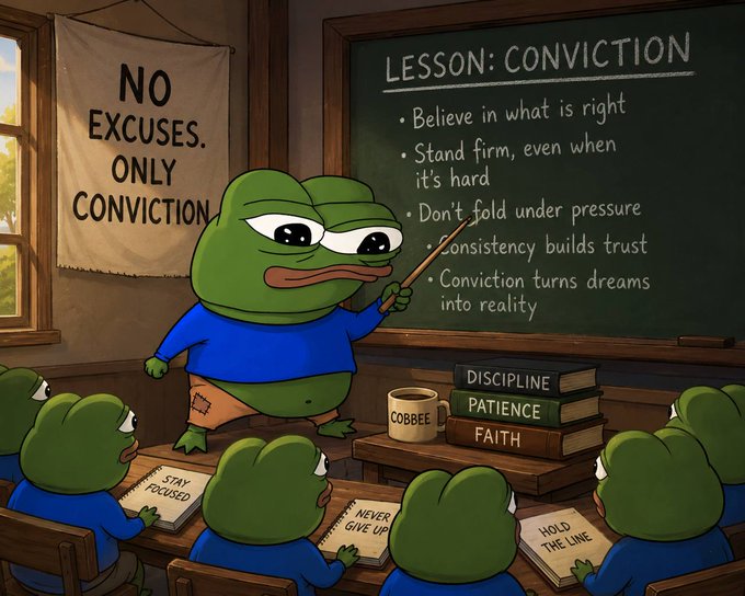 A cartoon Pepe the Frog teaches a classroom full of younger frogs a lesson on "CONVICTION," with a blackboard listing principles like "Believe in what is right" and "Stand firm, even when it's hard," while a "NO EXCUSES. ONLY CONVICTION" banner hangs on the wall and books labeled "DISCIPLINE," "PATIENCE," and "FAITH" sit nearby—fitting motivational imagery for a "Gm frens" greeting to fellow crypto traders emphasizing conviction holding through market volatility.