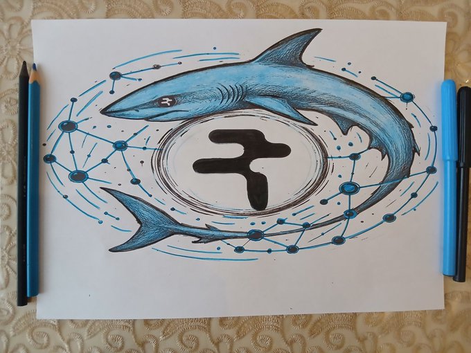 A hand-drawn illustration of a blue shark circling around a black symbol resembling the cryptocurrency Pi Network logo, with blue and black pens resting beside the paper.