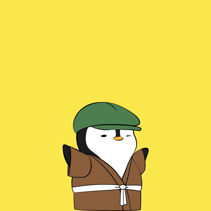 A cartoon illustration of a penguin character wearing a green flat cap and a brown robe with a white sash, set against a bright yellow background.
