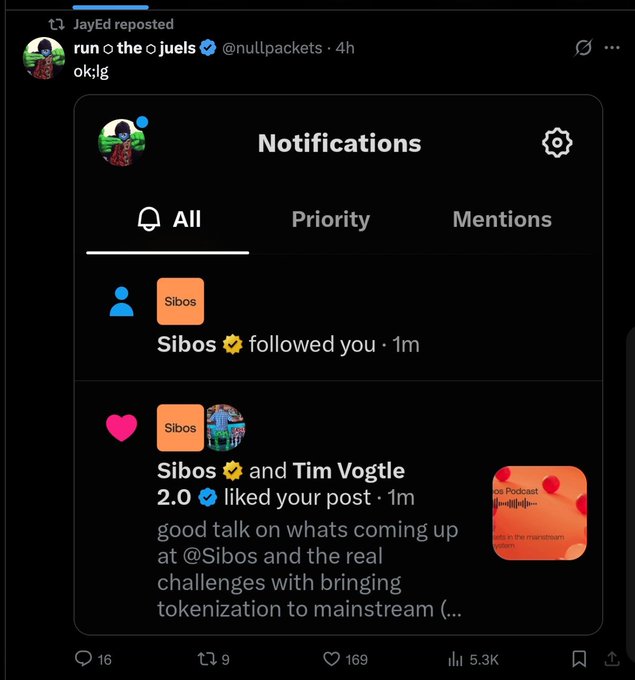 A screenshot of a Twitter post reposted by 'JayEd' from 'nullpackets' showing Twitter/X notifications, including 'Sibos followed you' and a like from 'Sibos and Tim Vogtle 2.0' on a post about tokenization.