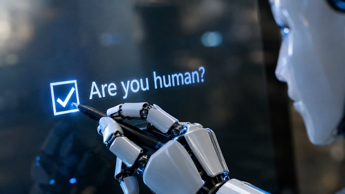 A robotic hand checks a box next to the glowing text "Are you human?" against a dark, futuristic background.