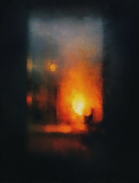 The image features a painting of a room with a window that has a bright orange light shining through it. The painting depicts a scene where a person is sitting by the window, looking out at the world outside. There are two other paintings in the collection, one located above and another below the main painting.