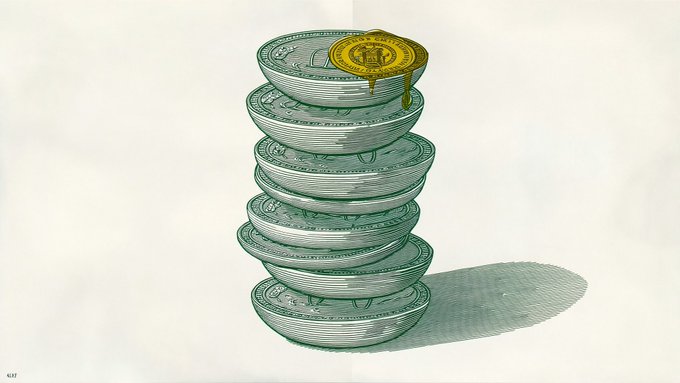 An illustration of a tall stack of round green containers with a golden wax seal breaking open and dripping from the top, set against a white background.