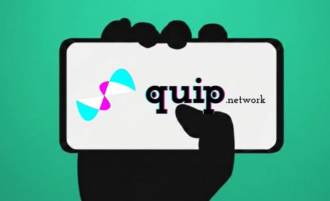 An animated silhouette of a hand holding a smartphone displaying the 'quip.network' logo with a teal and purple icon on a green background.