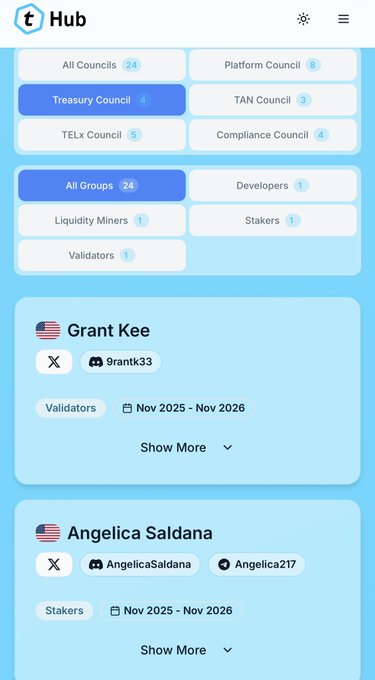 The image shows a phone screen with two blue tabs open, displaying information about two people named Angela Saldana and Grant Kee. The first tab has an American flag symbol next to Angela Saldana's name, while the second tab has a star symbol for Grant Kee. Both names are displayed in white text on the screens.